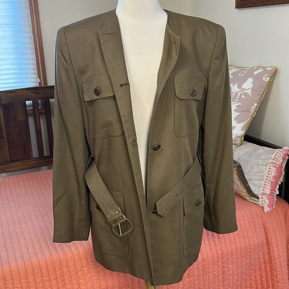 Jones New York Collarless Belted Blazer Jacket Army Green Military size 12 - Picture 6 of 16
